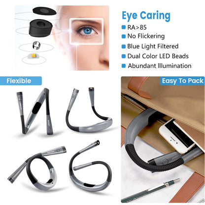 Glocusent Book Light, 3-Color & 6-Brightness Reading Light, Bendable Neck Light, 80-hr Lasting Rechargeable Lamp, Perfect Book Light for Reading in Bed, Knitting, Camping, Repairing, Book Lovers Gifts