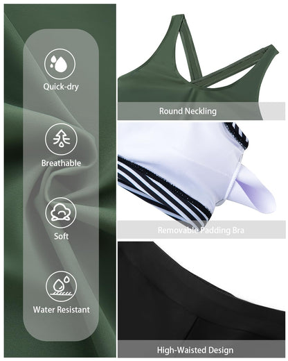 Holipick Black Striped 3 Piece Tankini Swimsuits for Women Tummy Control Bathing Suits Swim Tank Top with Bra Boy Shorts Teen Swimwear M