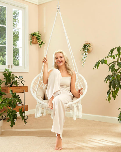 Greenstell Hammock Chair, Macrame Swing Chair with Comfy Cushion, Boho Hanging Chair for Outdoor & Indoor, Perfect for Bedroom, Patio, Balcony, Hold up to 330Lbs, White