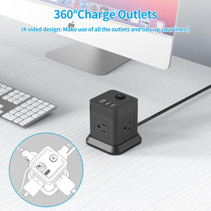 Power Strip with USB, FDTEK Flat Plug Extension Cord with 4 AC and 3 USB, 5 FT Power Cord Desktop Charging Station, Overload Protection, Compact Portable for Travel Home Office Cruise Ship - Black