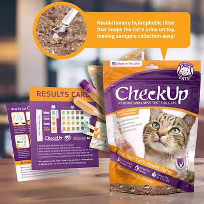 KIT4CAT CheckUp at Home Cat Wellness Test Kit | 2lb Hydrophobic Litter keeps urine on top, 2 Test Strips for The Detection of The 4 Most Common Health Indicators - pH, Protein, Glucose, Blood in urine