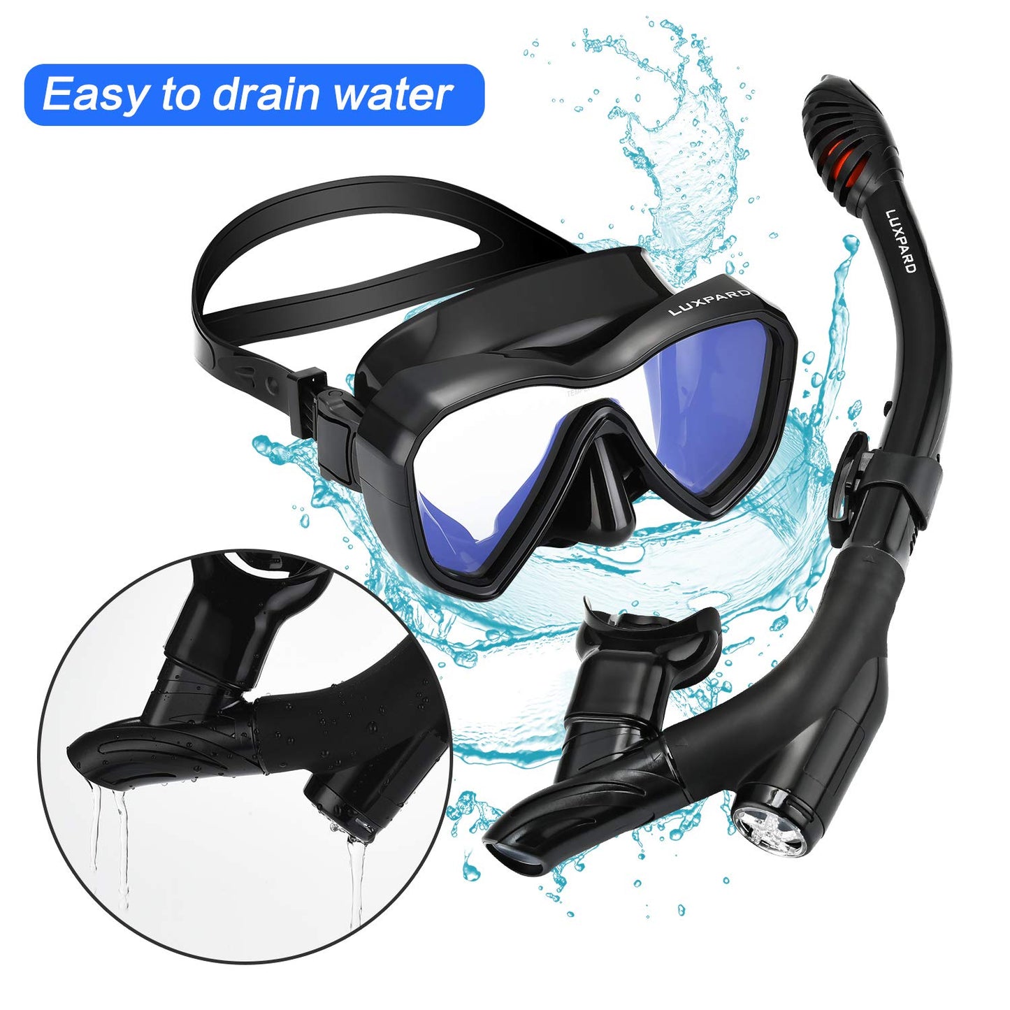 LUXPARD Snorkel Set, Anti-Fog Panoramic View Snorkel Mask and Anti-Leak Dry Snorkel Tube, Snorkeling Gear for Adults, Snorkel Kit Bag Included (Black)