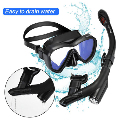 LUXPARD Snorkel Set, Anti-Fog Panoramic View Snorkel Mask and Anti-Leak Dry Snorkel Tube, Snorkeling Gear for Adults, Snorkel Kit Bag Included (Black)