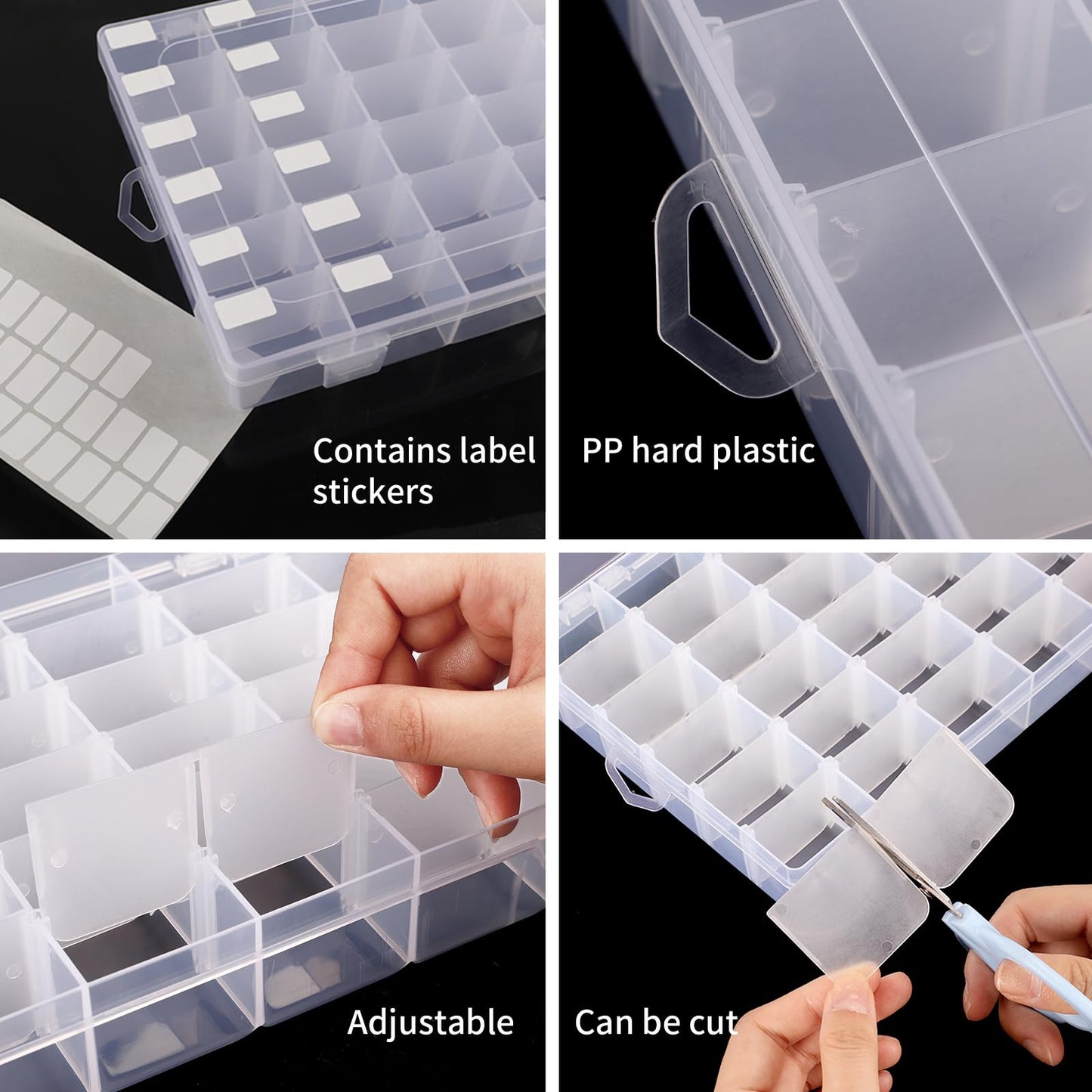 OUTUXED 2 Pack 36 Grids Clear Plastic Bead Organizer Box, Fishing Tackle Box Compartment Organizer with Adjustable Dividers for Jewelry, Art Craft, Bead Storage Containers with 5 Sheets Label Stickers