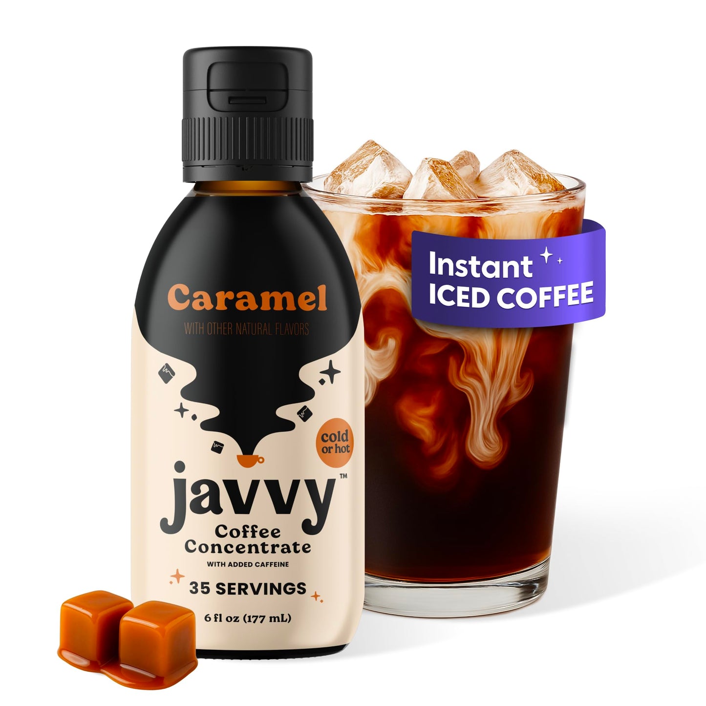 Javvy Coffee Concentrate - Cold Brew Coffee, Perfect for Hot or Iced Instant Coffees, Hot Drinks, Cold Brew Concentrate, 35 Servings - Caramel