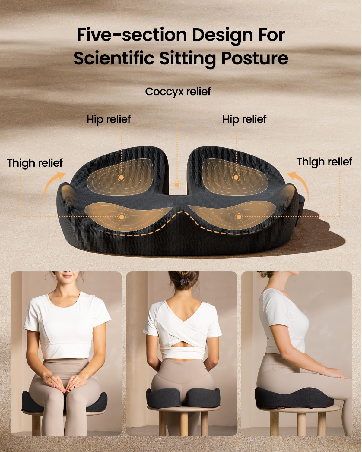 ProtoArc Seat Cushion, Office Chair Cushion for Sciatica, Coccyx Cushion, Ergonomic Memory Foam Seat Cushion for Car, Home, Pressure Relief Pad for Hip, Tailbone, All Day Comfort - Black