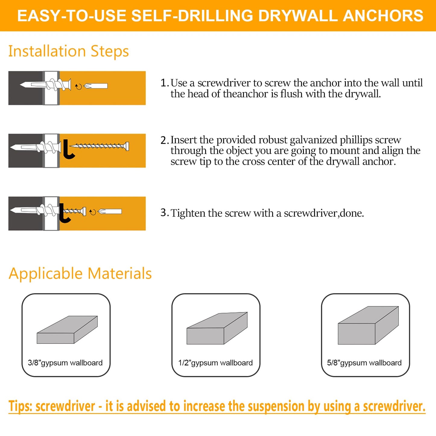 KURUI Wall Hanging Kit for Wall Art Decor Frame Curtain Rods, 140Pcs Heavy Duty Drywall Anchors Substitute Picture Hanging Nails, 70 Dry Wall Anchor and 70 8 x 1-1/4'' Screws, 75Lb Picture Hangers