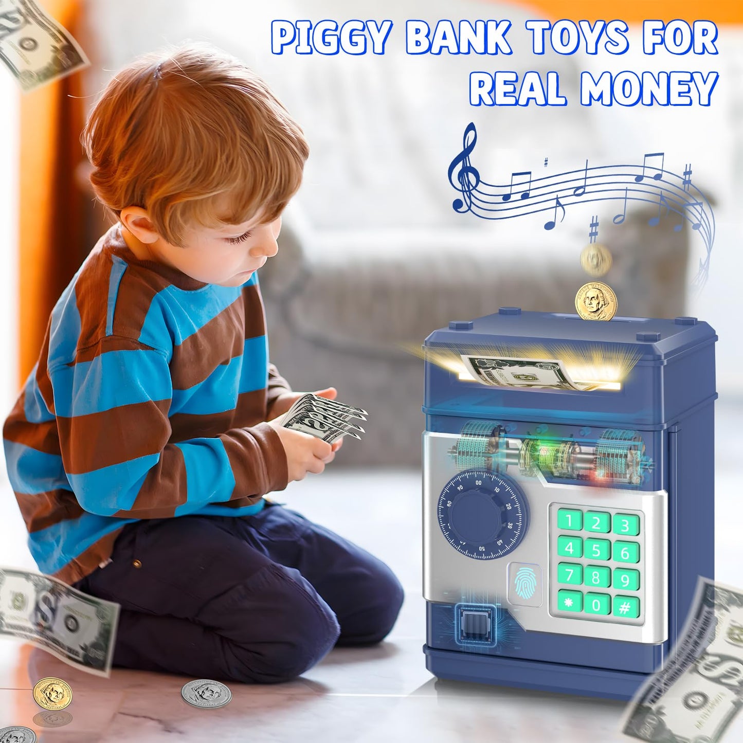 NAFEIV Piggy Bank, Automatic Electronic Piggy Bank for Kids Boys Girls with Password and Fingerprint Unlocking Simulation, Money Bank Kids Safe Toys for 3 4 5 6 7 8 9 10 Year Old Boy Girl (Navy)