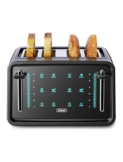 Gevi Toaster 4 Slice,Led Display Touchscreen Bagel Toaster with Dual Control Panels of Bagel/Reheat/Defrost/Cancel/Toasting One Slice/Longer Function,6 Shade Setting