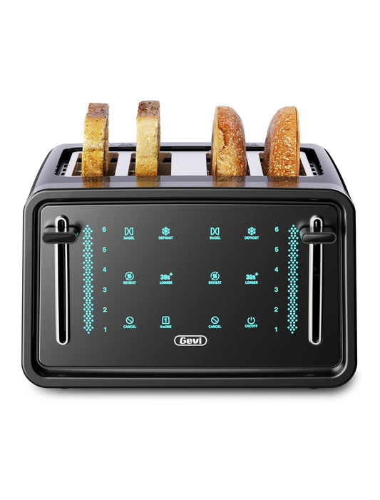 Gevi Toaster 4 Slice,Led Display Touchscreen Bagel Toaster with Dual Control Panels of Bagel/Reheat/Defrost/Cancel/Toasting One Slice/Longer Function,6 Shade Setting