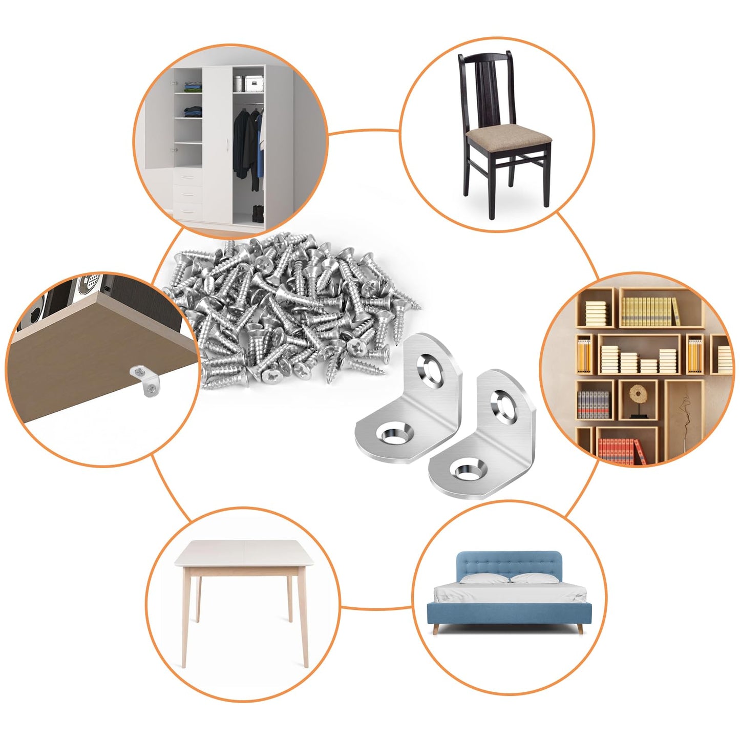 40 Pcs L Bracket Stainless Steel Corner Brace Sets, 90 Degree Right Angle Brackets with 80 Pcs Screws, L Bracket Firmware for Wooden Shelves, Chairs, Tables, Dressers, Furniture (Silver)