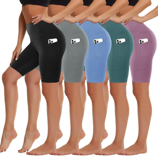 5 Pack Biker Shorts with Pockets for Women - 8" High Waist Spandex Workout Yoga Running Athletic (Black/Light Grey/Blue/Ins Green/Pink-Pockets,Plus)