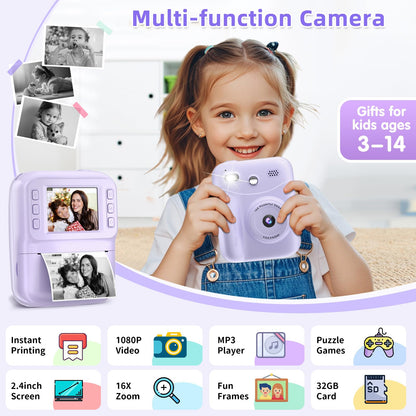 MINIBEAR Kids Camera Instant Print, Instant Print Camera for Kids Digital Camera Toddler Toys Christmas Birthday Gifts for 3 4 5 6 7 8 9 10 Year Old Boys Girls Video Camera with Print Paper, Purple
