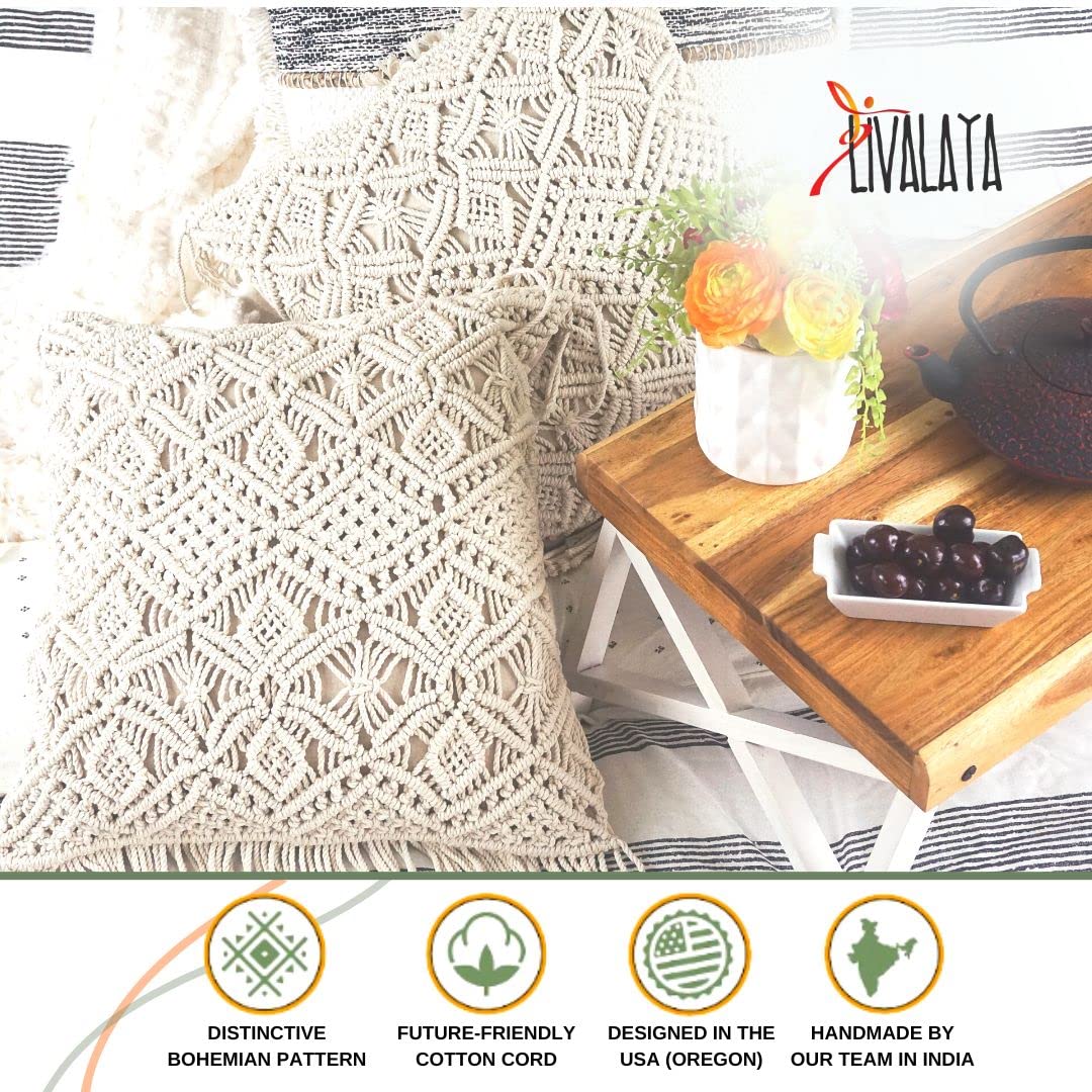 LIVALAYA Macrame Pillow Covers - Set of 2 Ivory Boho Throw Pillow Covers, Farmhouse Woven Bohemian Pillow Cover with Tassels for Bed Couch, Boho Decor Pillows, Decorative Cases for 18 inch Insert