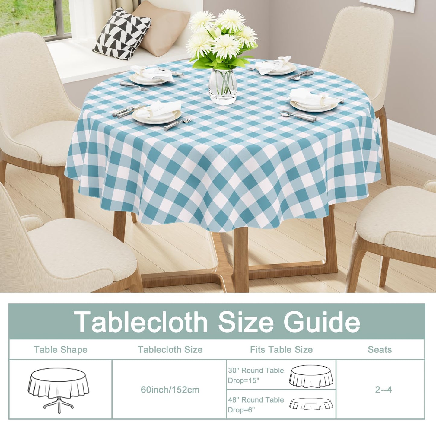 misaya Round Waterproof Vinyl Table Cloth, Buffalo Flannel Backed Tablecloth, Wipeable Plastic Table Cover for Dinner, Kitchen, Picnic (60", Aquamarine and White)