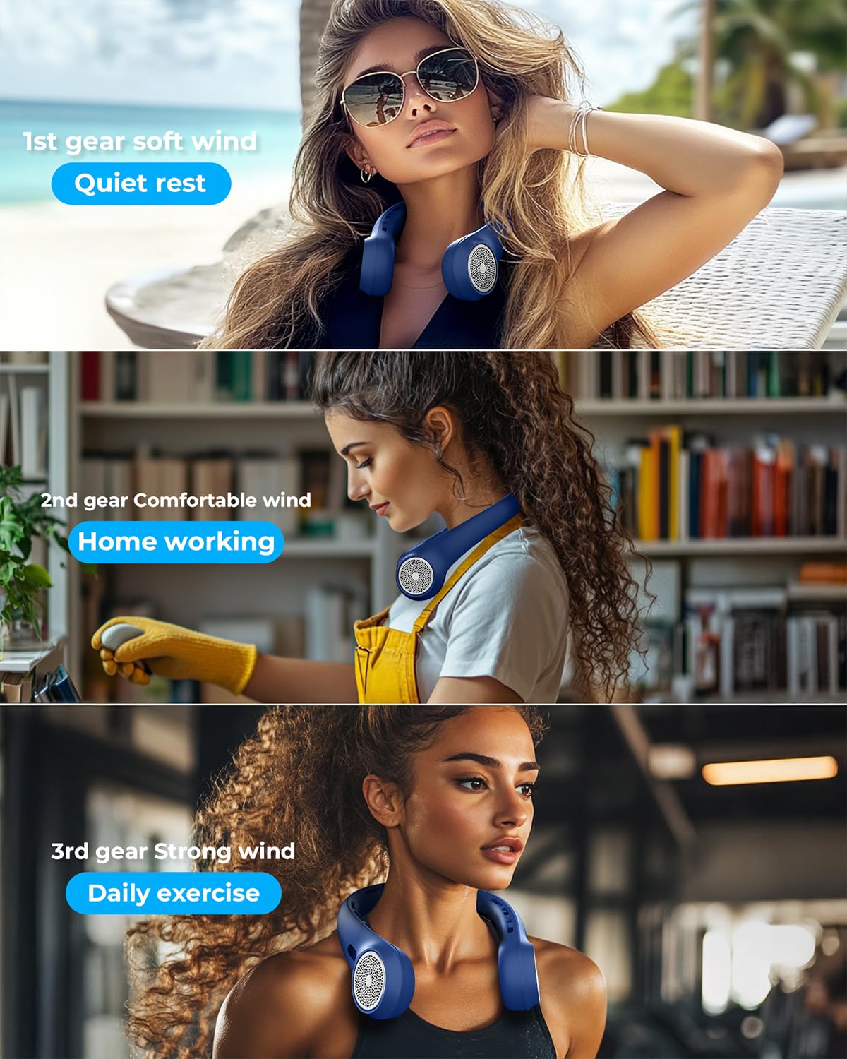 Hssio Portable Neck Fan, 4000mAh Rechargeable Bladeless Cooling Fan with 360° Airflow, 3-Speed Personal Cooler for Women Mom, Stylish Gift for Travel, Gym, Office, Blue