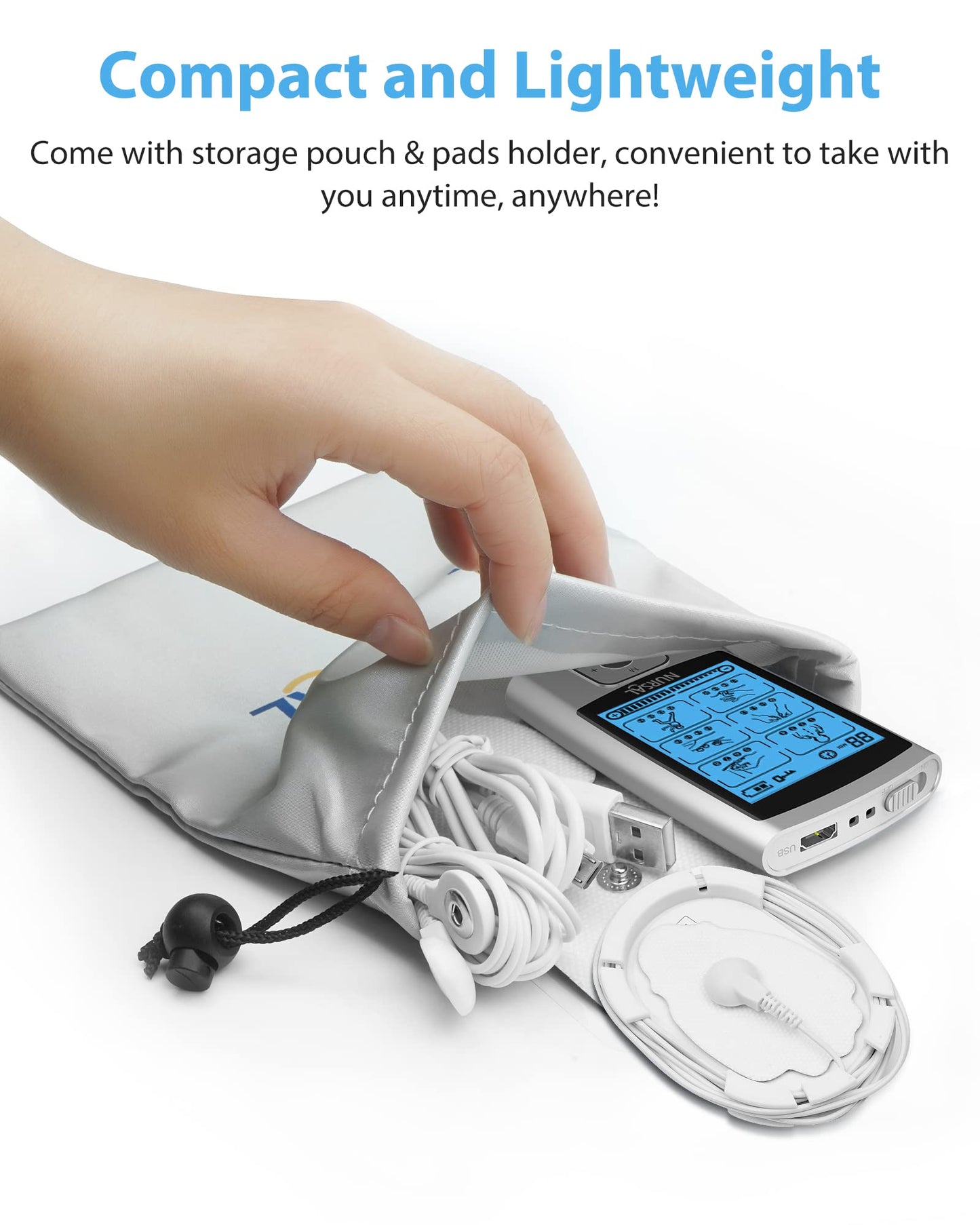 NURSAL 24 Modes TENS Unit Muscle Stimulator with Continuous Stimulation, Rechargeable Electronic Pulse Massager with 8 Pads for Back and Shoulder Pain Relief and Muscle Strength (Silver)