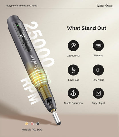 MelodySusie Electric Nail Drill,Cordless Nail File for Acrylic Gel Nails,PC180G 25,000RPM Professional Portable Nail Efile Manicure Pedicure Polishing Tool with Nail Drill Bits,Sanding Bands