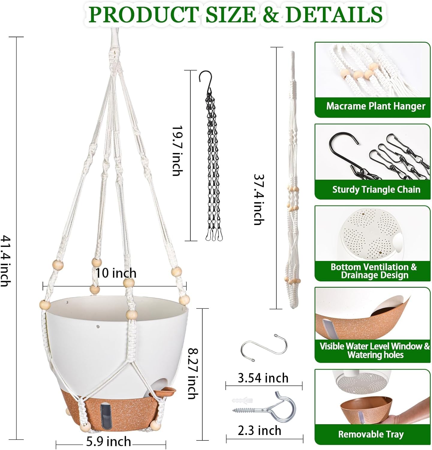 10 Inch Hanging Planters for Indoor Plants & Outdoor - 2 Pack Self-Watering Hanging Pots with Drainage Holes, Visual Reservoir, 2 Hangers - Self-Watering Hanging Baskets Flower Pots