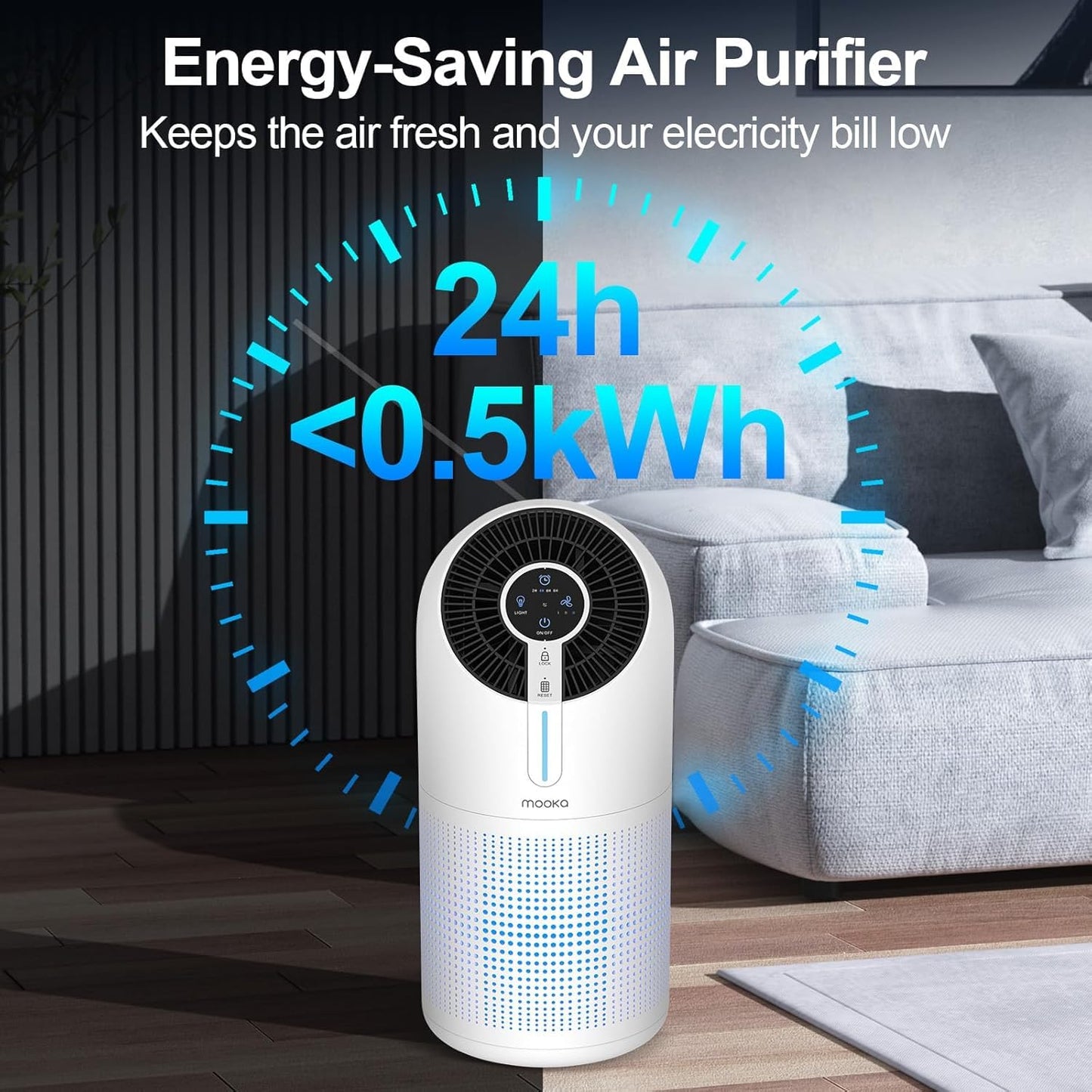 MOOKA Air Purifiers for Home Large Room up to 1095ft², H13 HEPA Filter Air Cleaner for Pets Bedroom Remove Smoke Dust Pollens Dander, Room Air Purifier with Timer Lock 4 Modes Night Light, M02