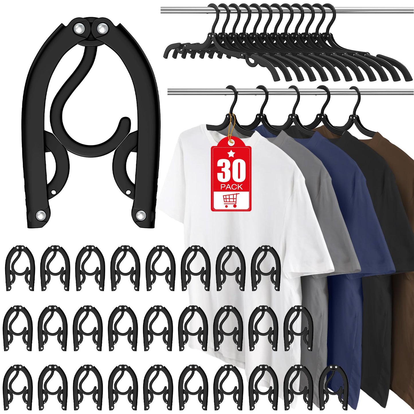 30 Pcs Travel Hangers Portable Foldable Travel Hanger Organizer, Plastic Cruise Essentials Clothes Drying Rack Folding Hangers for Camping Flying RV Europe Vacation Essentials Suitcase, Black
