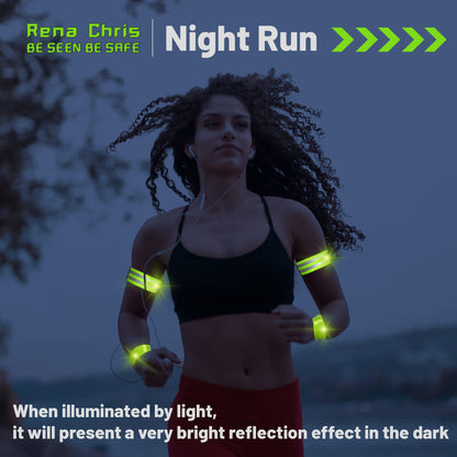 Rena Chris Reflective Running Gear, 4pcs High Visibility Reflective Arm Bands for Night Walking, Safety Running Gear with Reflective Tape for Clothing, Reflectors for Walking at Night, Running Safety Gear for Women, Man, Kids