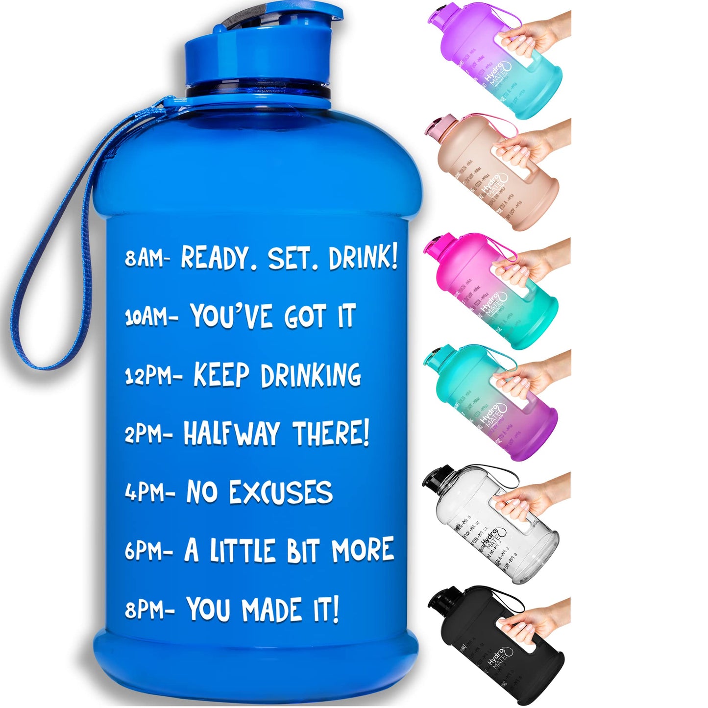 NatureWorks HydroMATE Half Gallon Water Bottle with Times to Drink BPA Free Leak Proof Reusable Jug with Handle 64 oz