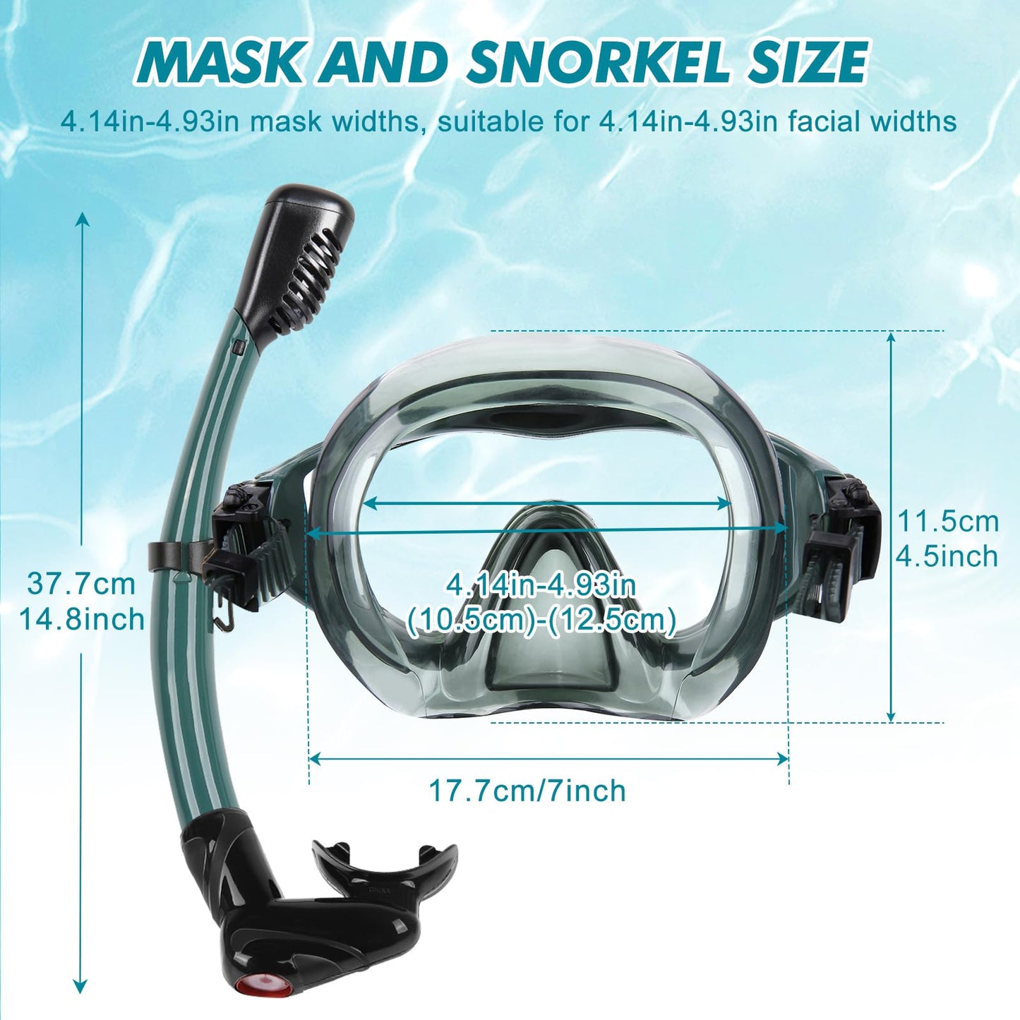 KUYOU Mask Fins Snorkeling Gear for Adults - Wide View Anti-Fog Mask, Full Dry Top Snorkel Gear Set (Dark Celadon, L/XL)