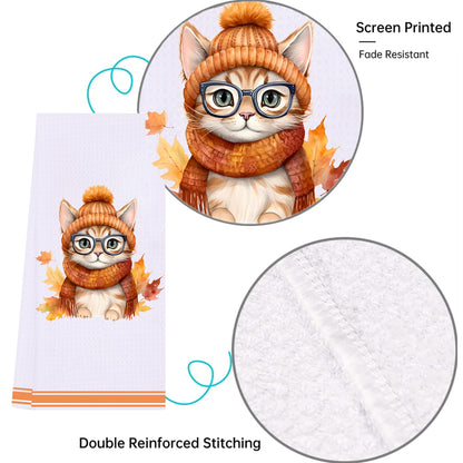 LXOMILL Cat Fall Kitchen Towels - Orange Autumn Dish & Hand Towels for Fall Decor