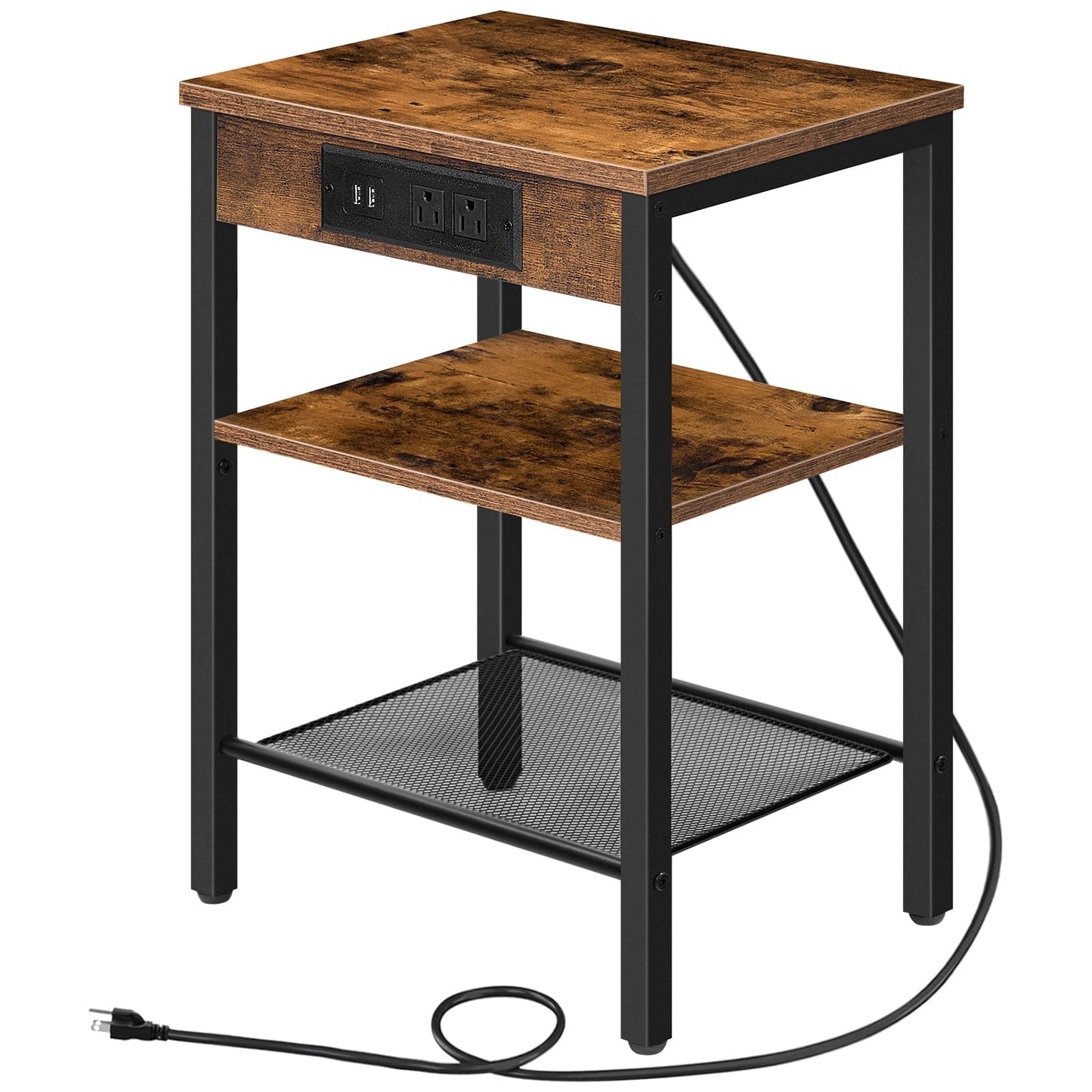 HOOBRO Side Table with Charging Station and USB Ports, Small End Table for Small Space, 3-Tier Nightstand with Adjustable Shelf, for Living Room, Bedroom and Balcony, Rustic Brown BF112BZ01