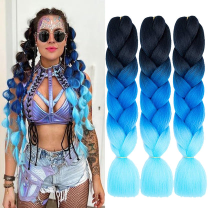 Ombre Braiding Hair Extensions High Temperature Synthetic Hair 3 Tone Color for Twist Braids Box Braids Crochet Hair (Black-Blue-Light Blue 24" 3PCS)