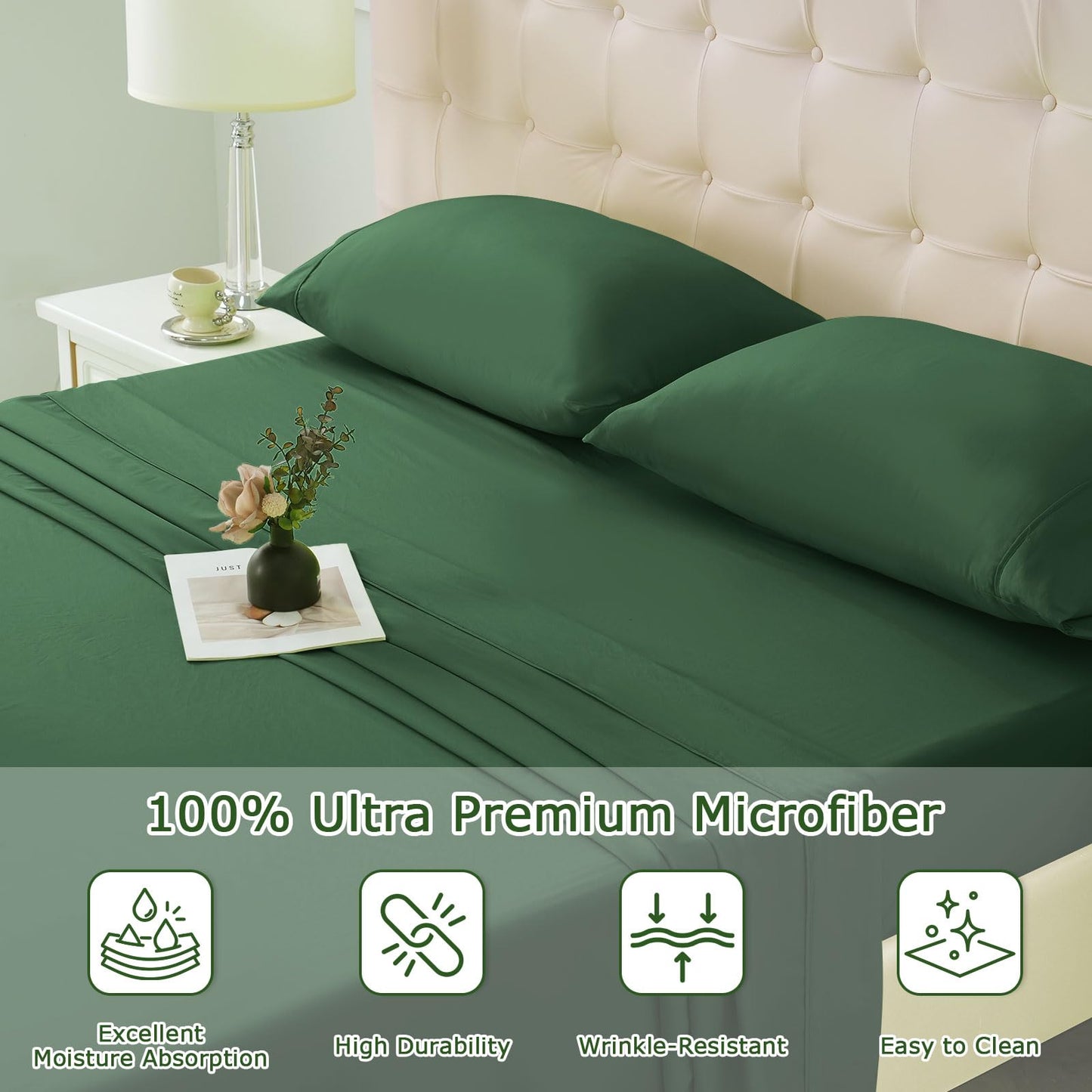 Homilay Full Size Bed Sheet Set - 4 Piece Soft Microfiber Sheets with Deep Pockets, Cooling Technology, and Wrinkle-Free Pillowcase. Hotel-Quality, Durable Bedding, Eden Green