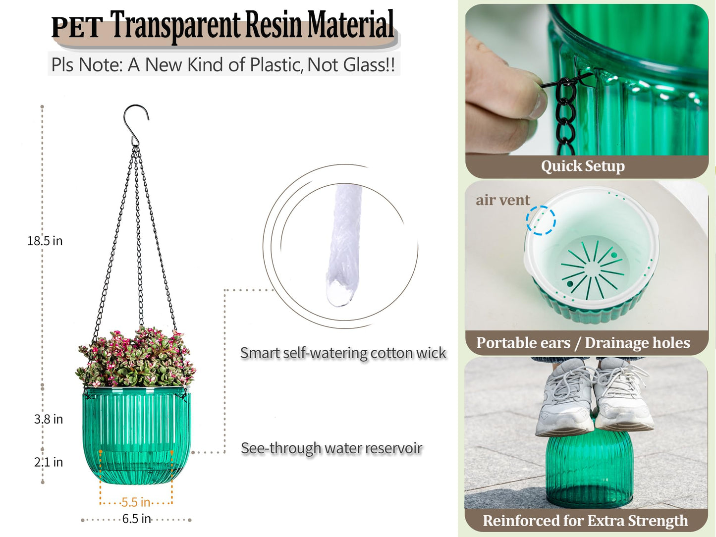 Melphoe 2 Pack Self Watering Hanging Planters Indoor Flower Pots, 6.5 Inch Outdoor Hanging Basket, Plant Hanger with 3Hooks Drainage Holes for Garden Home (Emerald)