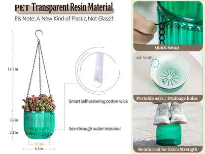 Melphoe 2 Pack Self Watering Hanging Planters Indoor Flower Pots, 6.5 Inch Outdoor Hanging Basket, Plant Hanger with 3Hooks Drainage Holes for Garden Home (Emerald)