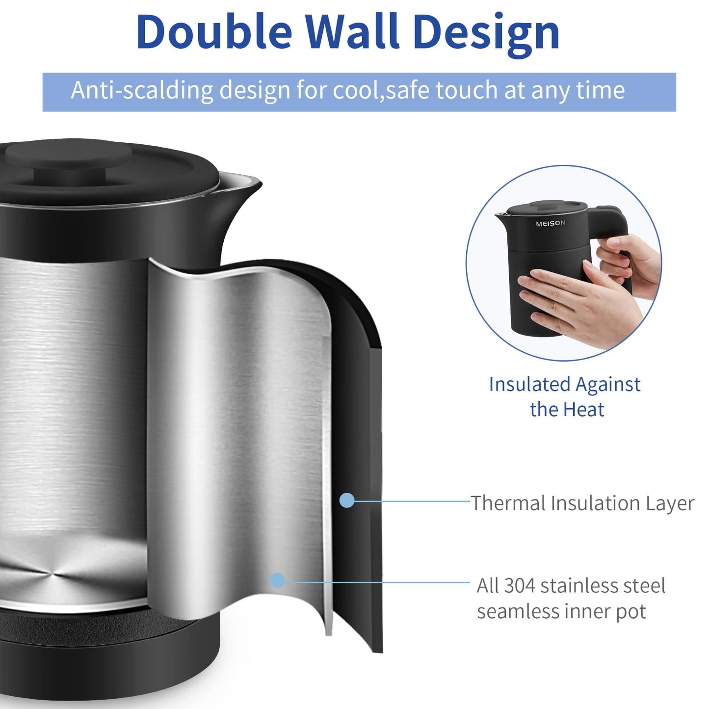 0.6L Small Electric Kettles Stainless Steel, Travel Mini Hot Water Boiler Heater, Double Wall Cool Touch Portable Teapot, Auto Shut-Off & Boil-Dry Protection, 120V/800W, 2 Year Warranty (Black)