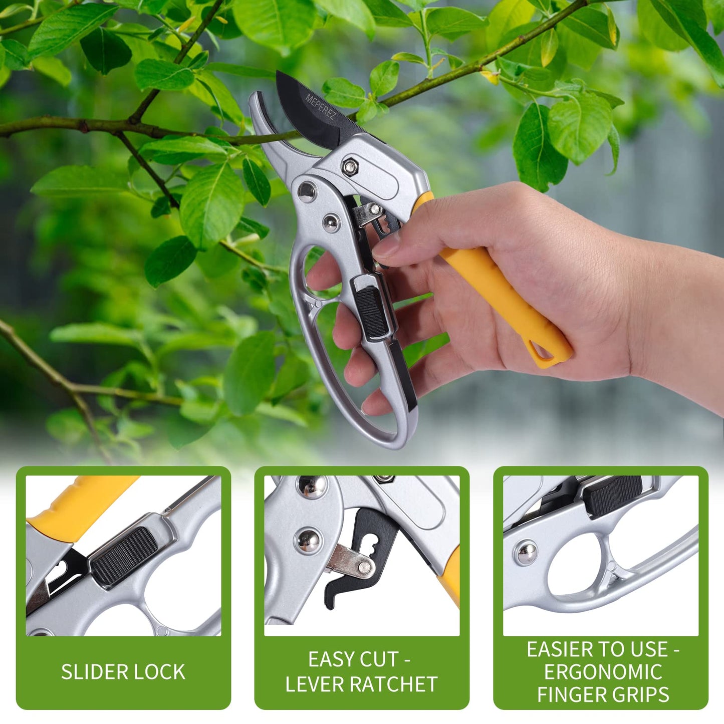 MEPEREZ Ultra Sharp Germany Steel Pruning Shears - Cuts 3X Easier, Weak Hand Arthritis Snips, Rust-Resistant, Effortlessly 1-Inch Cut Capacity Garden Scissors, Ergonomic Handle