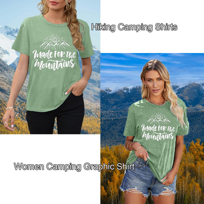 Adventure Awaits T-Shirts for Women Cute Sunshine Mountain Graphic Tees Camping Hiking Lover Gift T-Shirt Casual Comfy Clothes-2XL (Light Green)