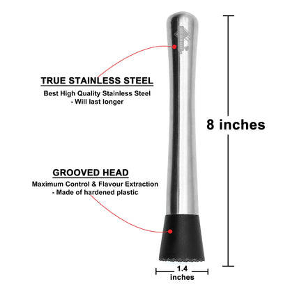 Kitchen Rest Muddler for Cocktails - 8inch Long 1pc 304 Stainless Steel Fruit Crusher - Bar Tools for Home for Making Mojito Mix and Other Fruit Drinks (8 Inch)