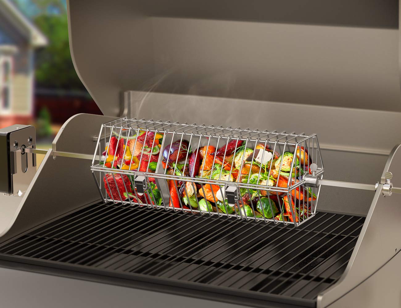 onlyfire 17 inch Stainless Steel Round Tumble Rotisserie Basket Cooking Accessory Fits for Most Grills