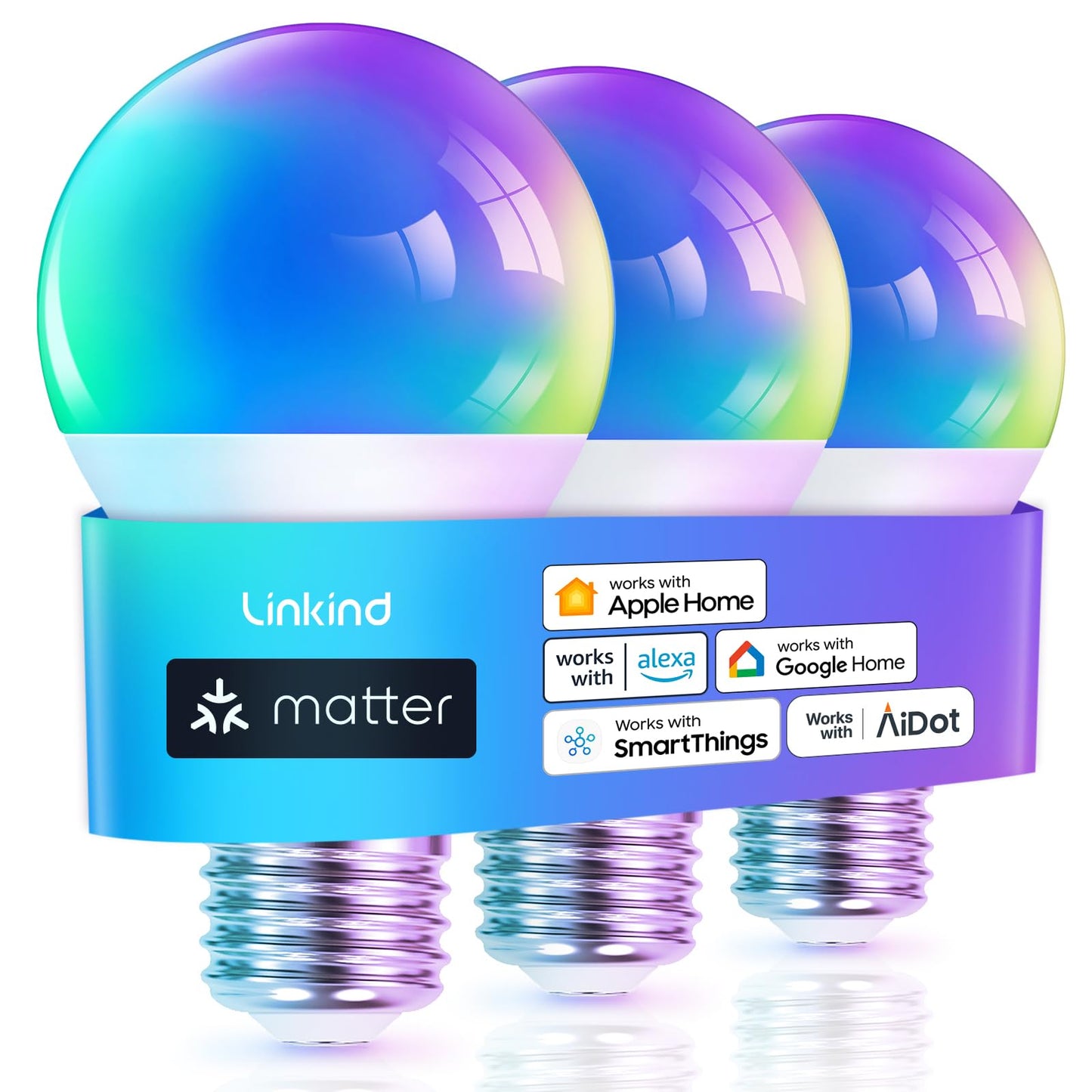 Linkind Matter Smart Light Bulb, Smart Bulbs Work with Apple Home, Siri, Alexa, Google Home, SmartThings, Color Changing Light Bulbs RGTBW Music Sync, Mood Lights, 2.4Ghz WiFi A19 E26 60W 800LM 3 Pack