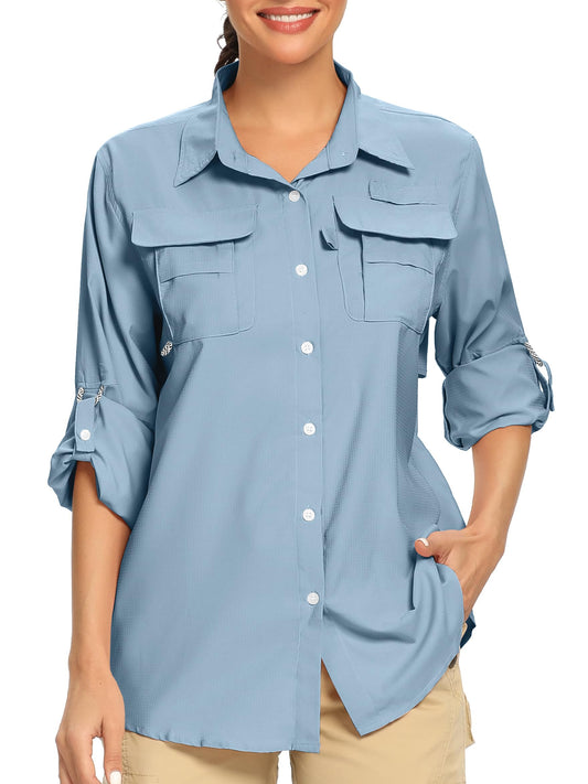 Jessie Kidden Women's UPF 50+ UV Sun Protection Safari Shirt, Long Sleeve Quick Dry Outdoor Adventure (5055 Light Blue XXL)