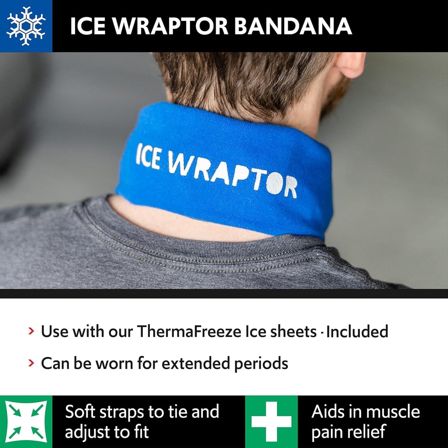 Ice Wraptor Bandana + 4 inserts:Just Add Water & freeze. Keep Neck, Head, oints Cool. Portable Ice Therapy for Pain Relief.Adjustable, Lightweight Comfortable- w/ 5 2.5"x15" Reusable Cryosheet Inserts