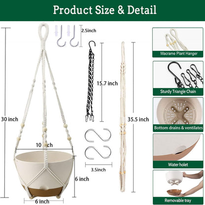 Koalaime Hanging Planter Self Watering 10 Inch, 2 Pack Indoor Outdoor Hanging Baskets, Hanging Flower Pots with Drainage Hole & 2 Kinds of Plant Hangers for Garden Home Decor(Cream)…