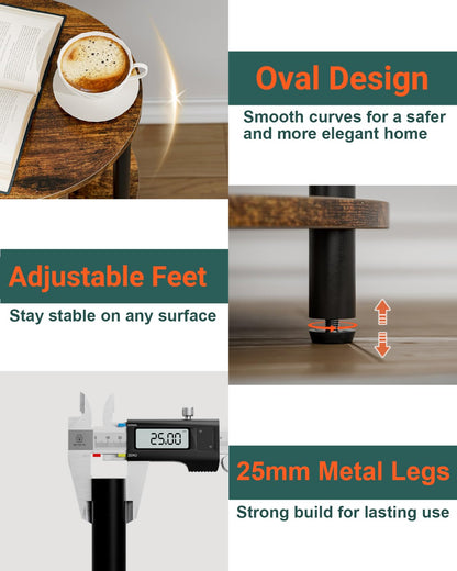 RISWER Small Round Side Table - 3-Tier Oval Accent Table for Small Spaces, Rustic Wood and Metal Couch End Table, Nightstand for Bedroom or End Table Living Room, Easy to Assemble, Rustic Brown