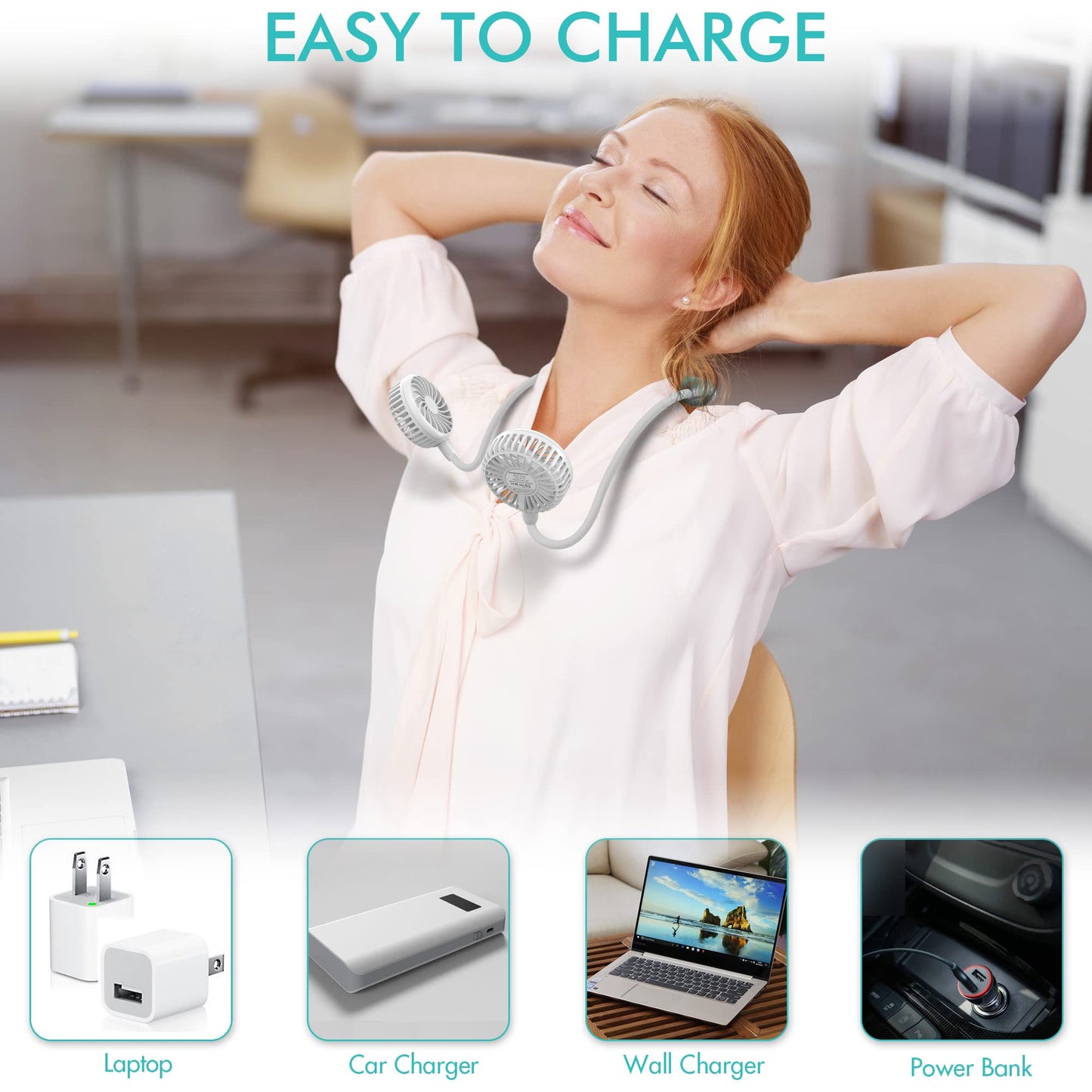 Portable Neck Fan, 2600mAh Battery Operated Ultra Quiet Hands Free USB Fan with 3 Speeds, Strong Wind, 360° Adjustable High Flexibility Wearable Personal Fan for Home Office Outdoor Travel (White)