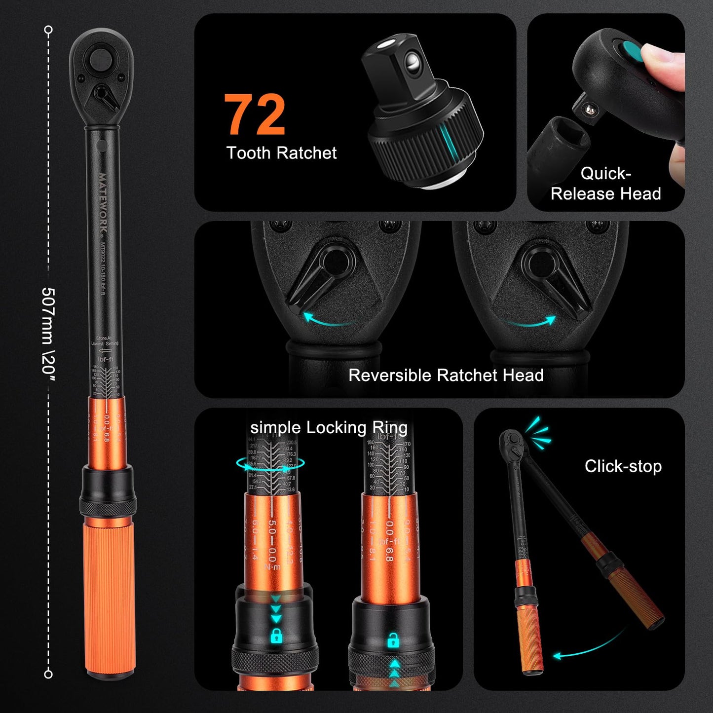 1/2-Inch Drive Torque Wrench Set 22PCS, 10-180FT.LB/13.6-244.1Nm, Click Torque Wrench Socket Set, 72-Tooth Dual-direction, ±3% Precision Adjustable Torque Wrench for Lug Nut, Bicycle, Moto, Car