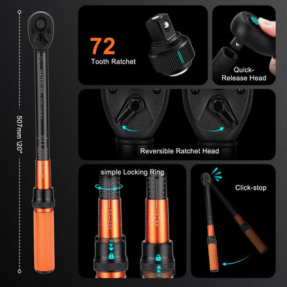 1/2-Inch Drive Torque Wrench Set 22PCS, 10-180FT.LB/13.6-244.1Nm, Click Torque Wrench Socket Set, 72-Tooth Dual-direction, ±3% Precision Adjustable Torque Wrench for Lug Nut, Bicycle, Moto, Car