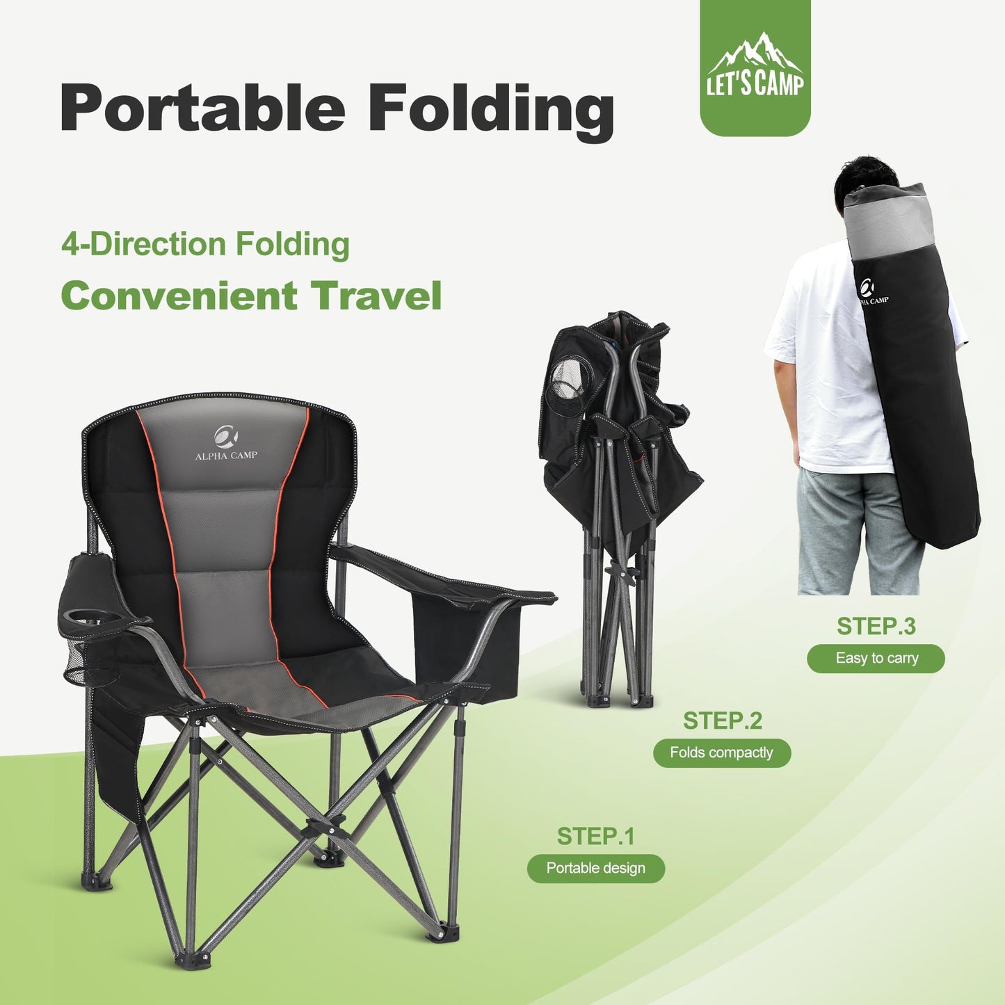 LET'S CAMP Folding Camping Chair Oversized Heavy Duty Padded Outdoor Chair with Cup Holder Storage and Cooler Bag, 450 LBS Weight Capacity, Thicken 600D Oxford,2 Pack