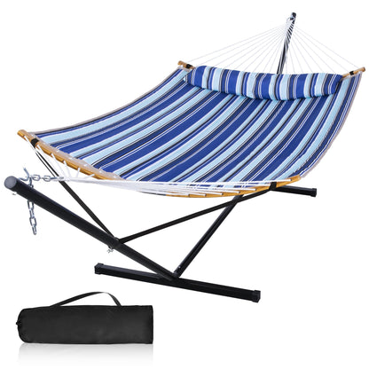Mansion Home 12 Ft Yard Hammock with Stand, 2 Person Hammock Freestanding with Curved Spreader Bar, Large Hammocks for Outside with Pillow and Portable Bag, Heavy Duty 450 lbs, Blue Stripes