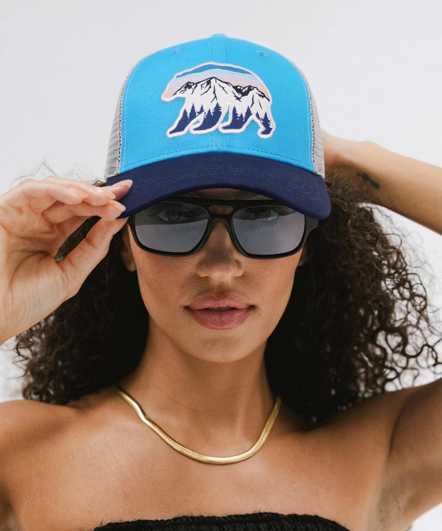 Pnkvnlo California Bear&Mountain Trucker Hats for Men - Embroidered Adjustable Mesh Baseball Men Caps for Wilderness Explore - Blue Bear